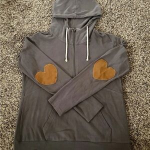 AMPERSAND AVE Gray Zip-Up Sweater with Tan Heart Patches